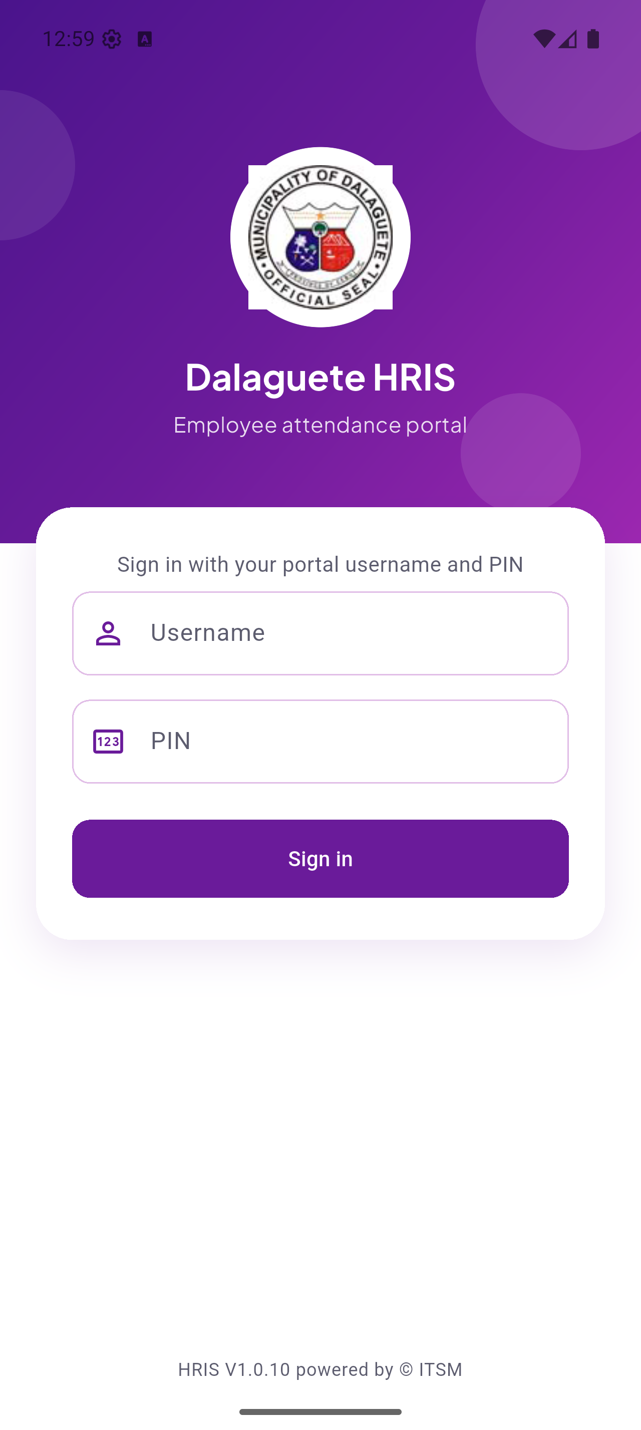Dalaguete HRIS sign-in screen