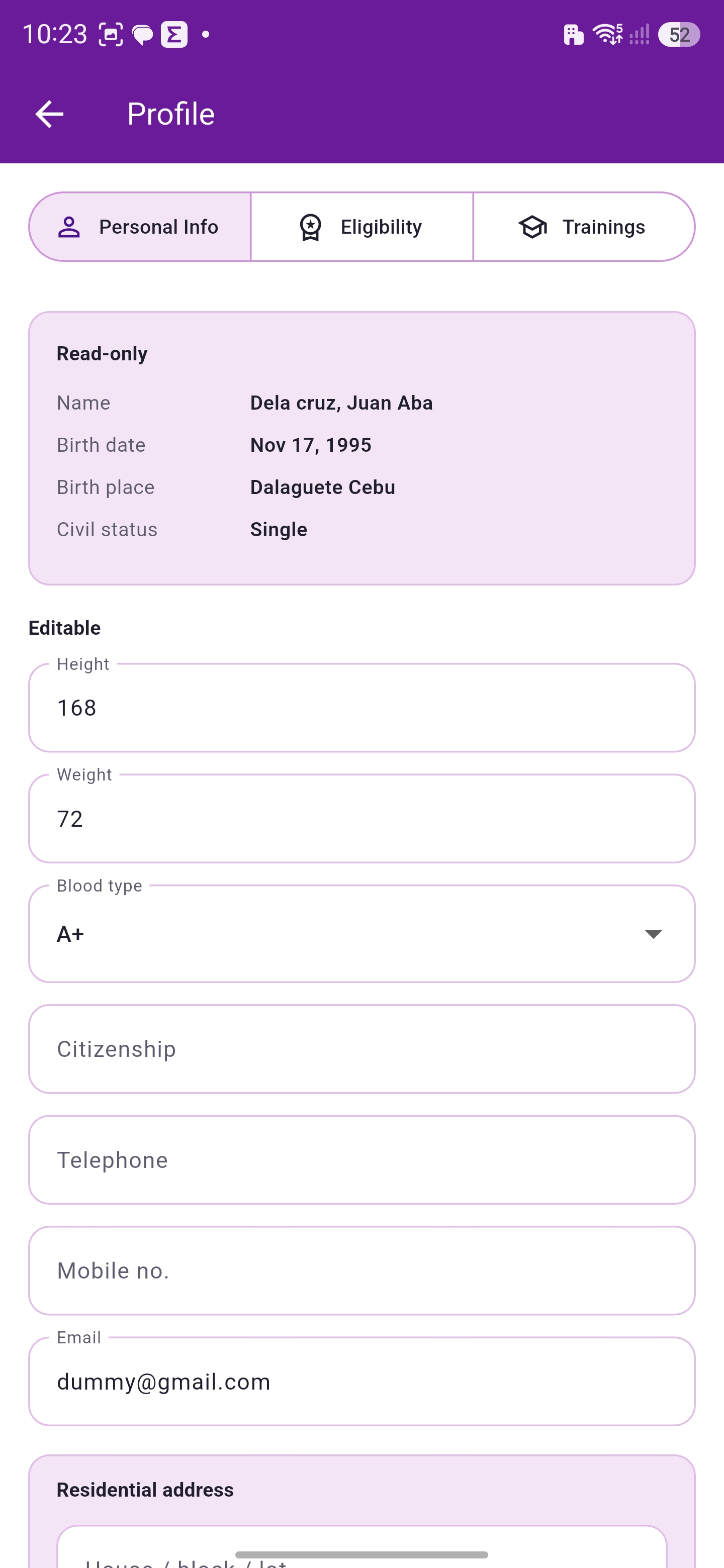 Dalaguete HRIS personal information form with editable employee details