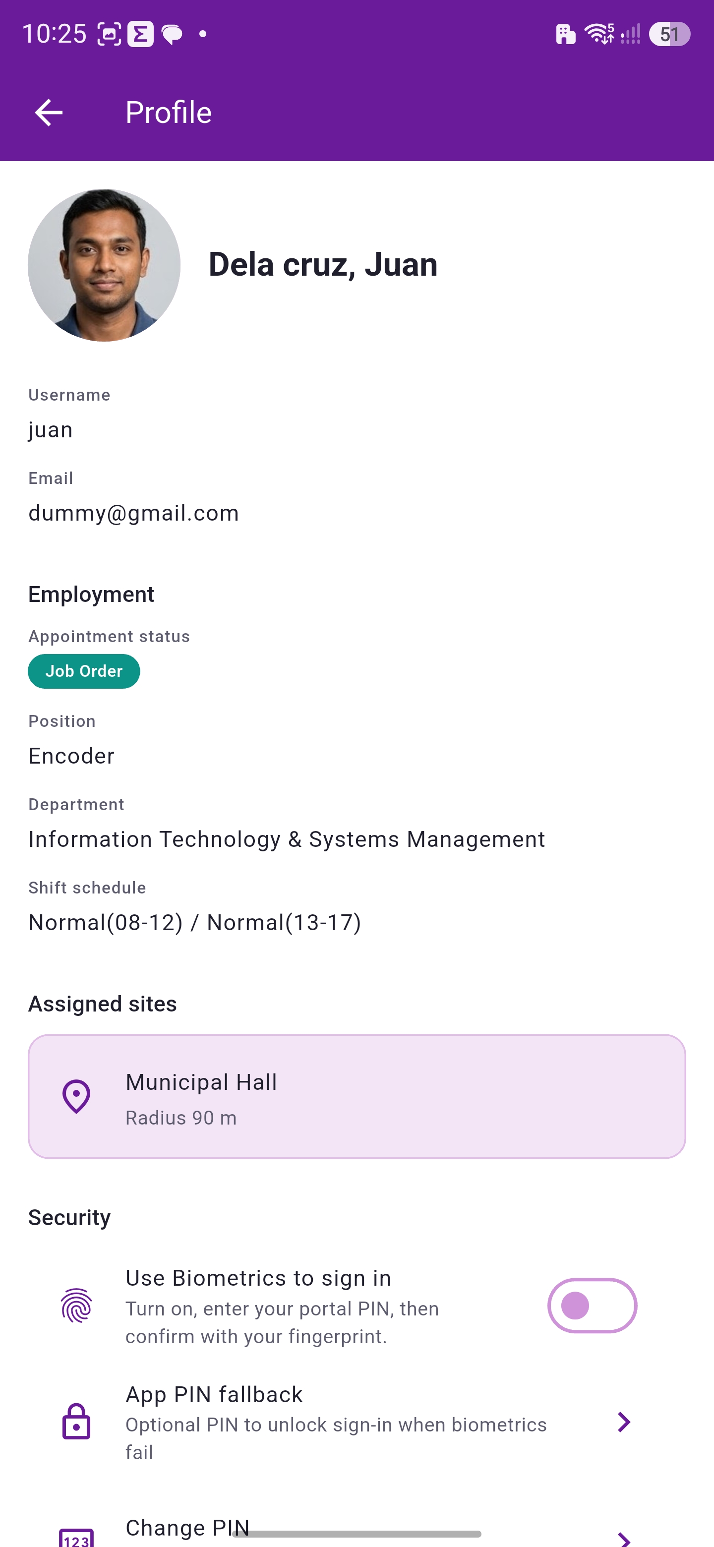 Dalaguete HRIS profile screen showing employment details, assigned site, and security settings
